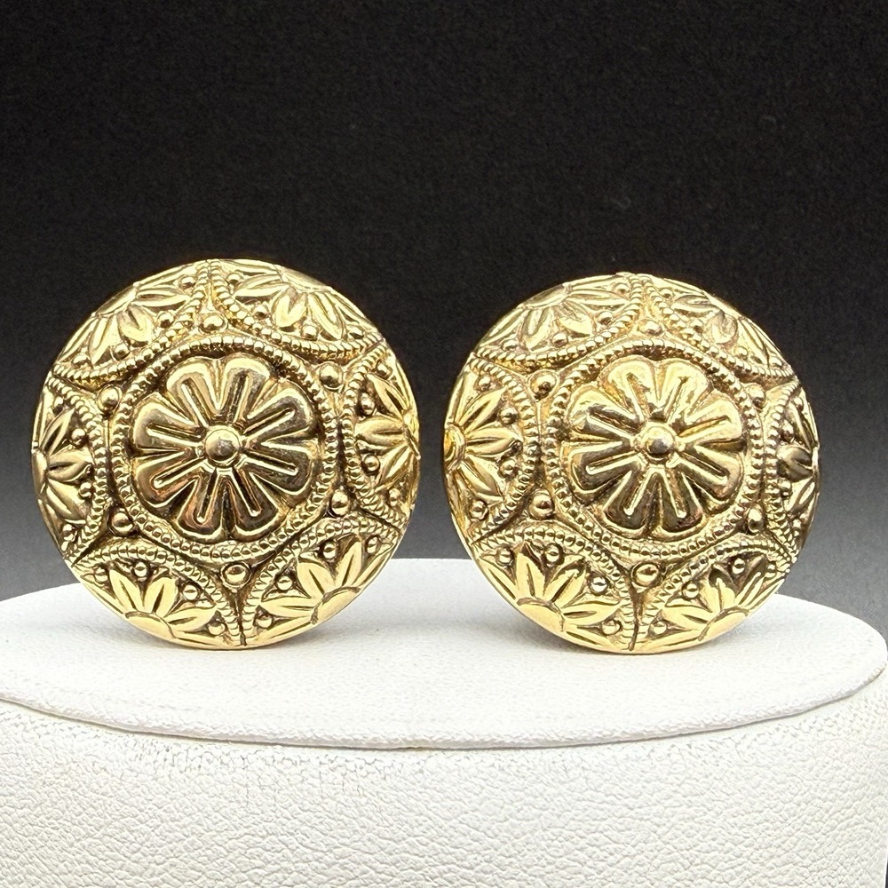 Vintage Gold Tone Baroque Style Clip On Earrings Ornate Floral Bold Statement